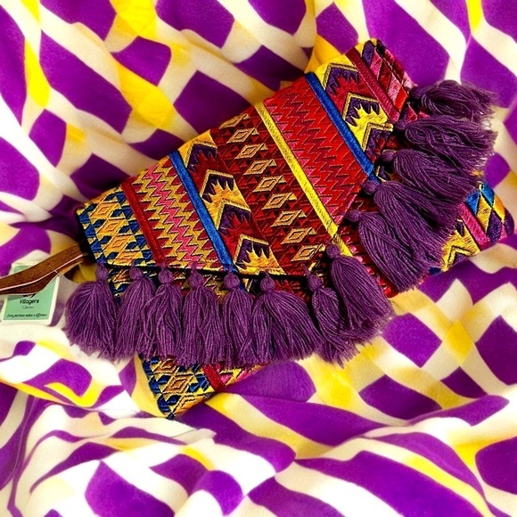 Ethnic Boho Large Clutch Suede Wristlet Bag Handmade Embroidery Tassels Indi NEW - Picture 1 of 16